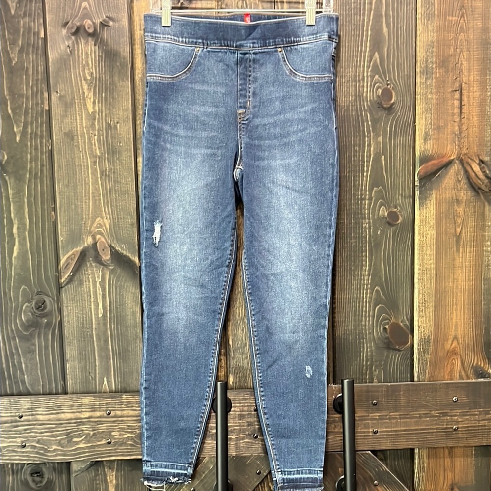 Spanx Distressed Jeggings L High Rise Ankle Stretch Jeans Shapewear Pull On Raw